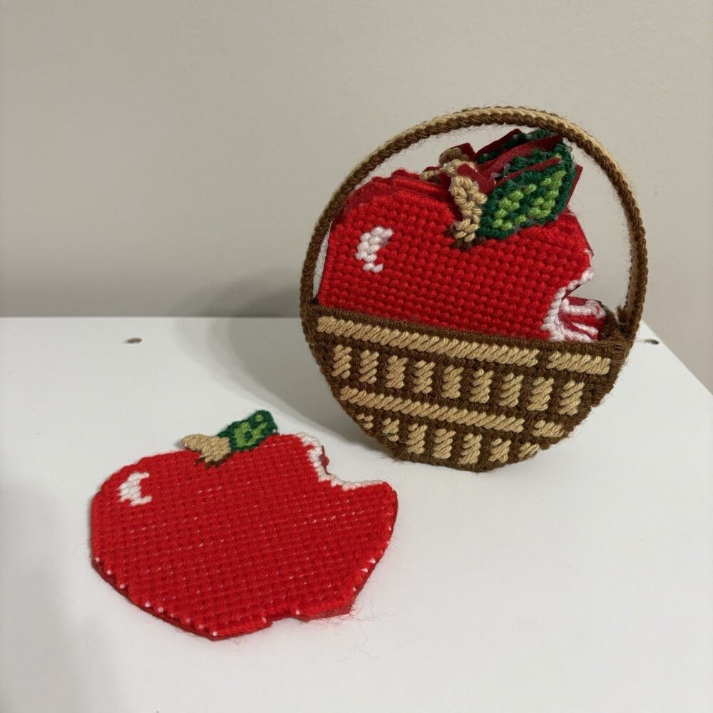 Charming Handmade Needlepoint Set of 6 Apple Coasters In Basket Holder Caddy